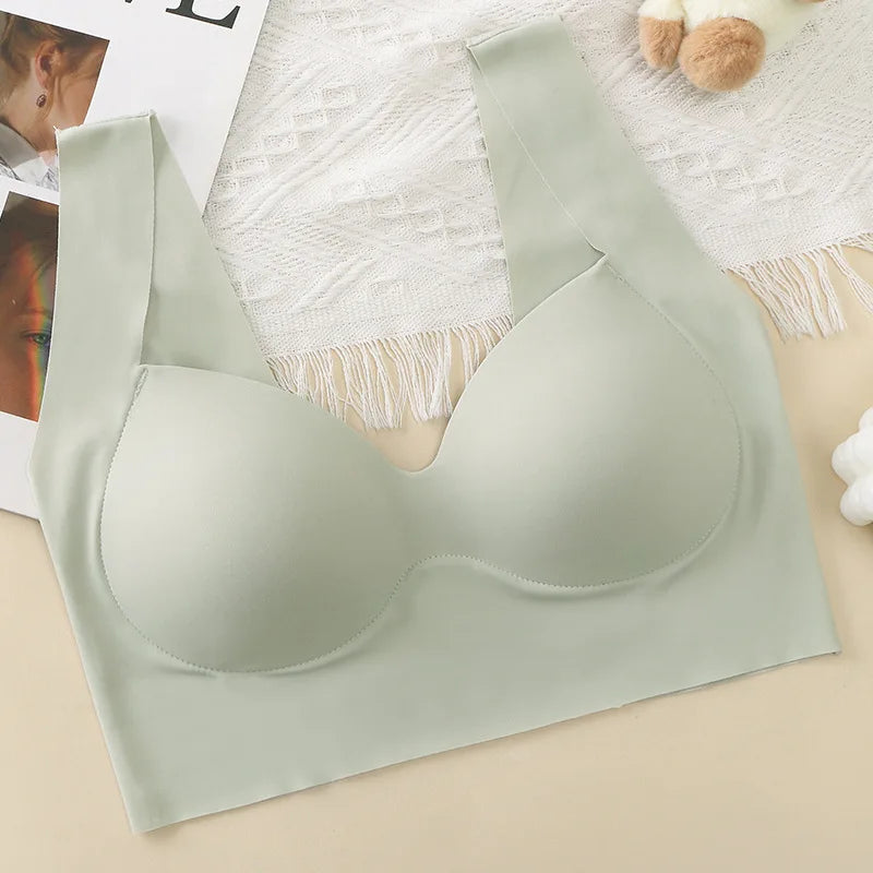 Ice Silk Wireless Bras For Women Comfort Strap Push Up Chest One Piece Outer Wear Bra Traceless Underwear Vneck Female Lingerie.