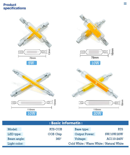 Superhelle LED R7s COB-Glasröhre 5 W 10 W 20 W 78 mm 118 mm J78 J118 Maisglühbirne AC 220 V 110 V Heim-Halogenlampe ersetzen.