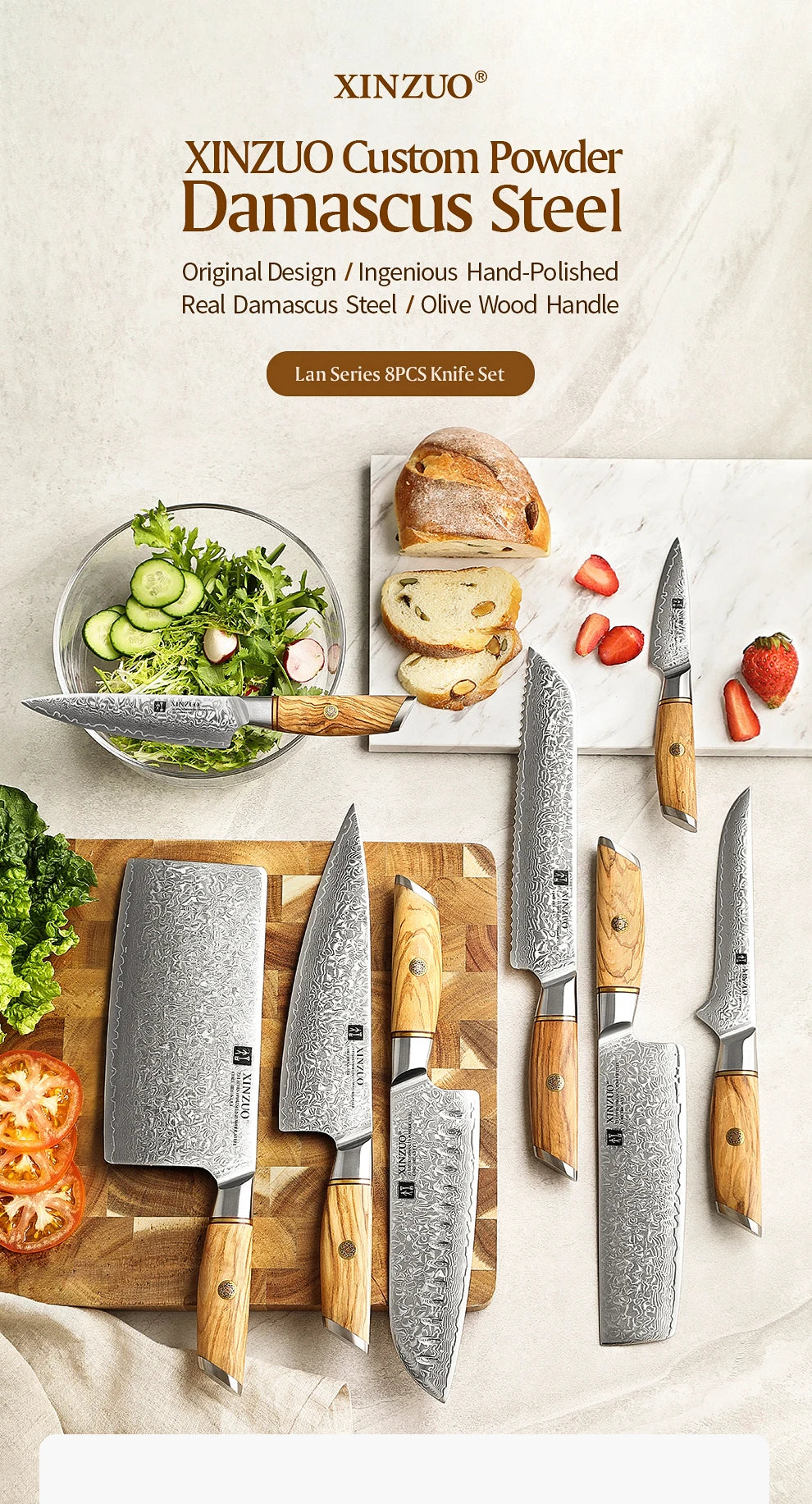 XINZUO 1-8pcs Kitchen Knife Set 73 Layers Custom Damascus Steel 15°±1 Per Side Steel Blade with Olive Wood Handle.