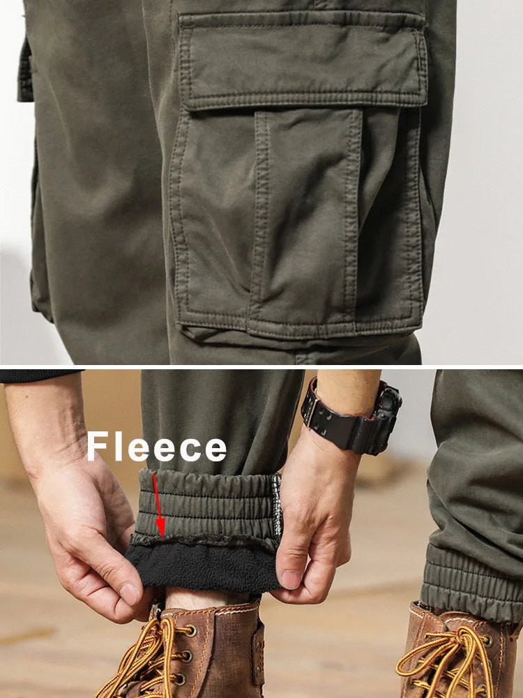 2024 New Winter Cargo Pants Men Multi-Pockets Drawstring Fleece Liner Thick Warm Overalls Joggers Casual Cotton Thermal Trousers.