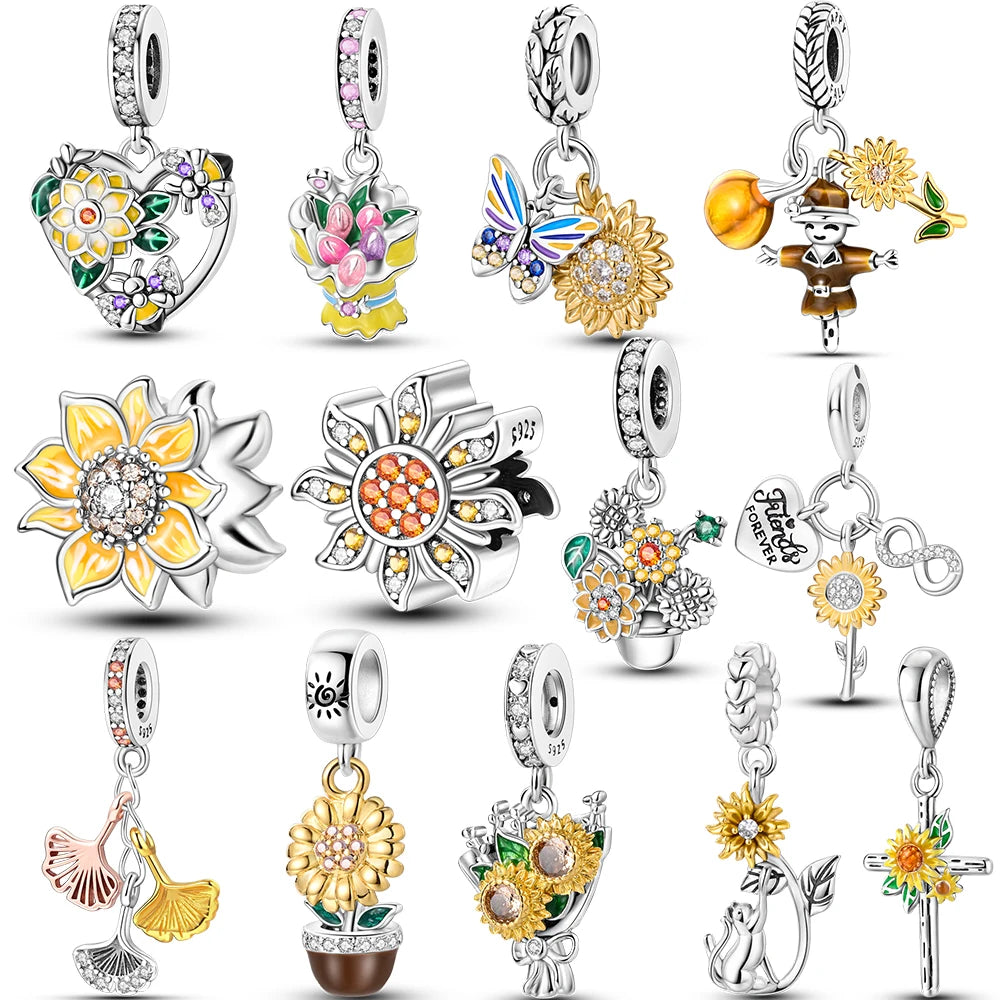Flowers Series 925 Sterling Silver Sunflowers Tulip Carnation Charms Fit Original Bracelet  For Women Jewelry Making.