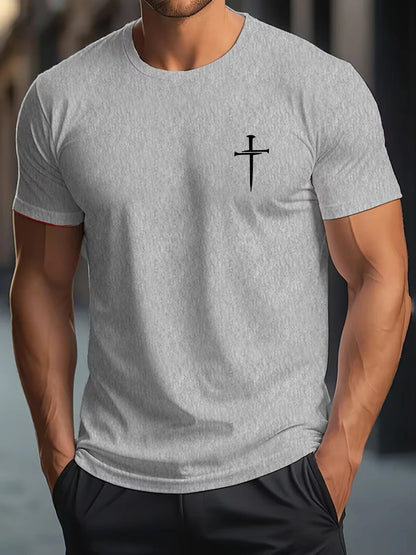 Men's Summer 100% Cotton Fashionable Casual Loose Large Size Faith Cross Printed Round Neck Short Sleeve T-shirt Top.