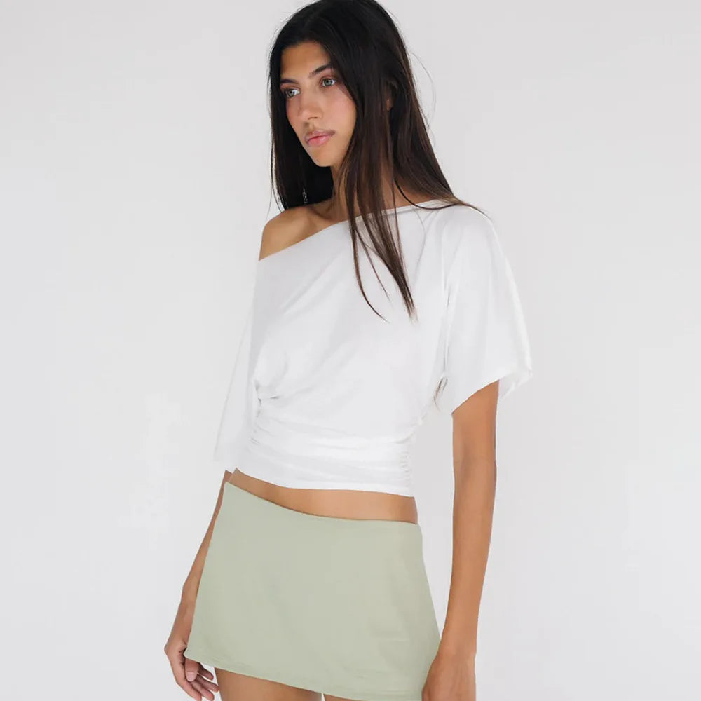 Cryptographic One Shoulder Ruched Asymmetrical Tops for Women Outfits Sexy Short Sleeve Casual Tops Slim T-shirts Summer Clothes