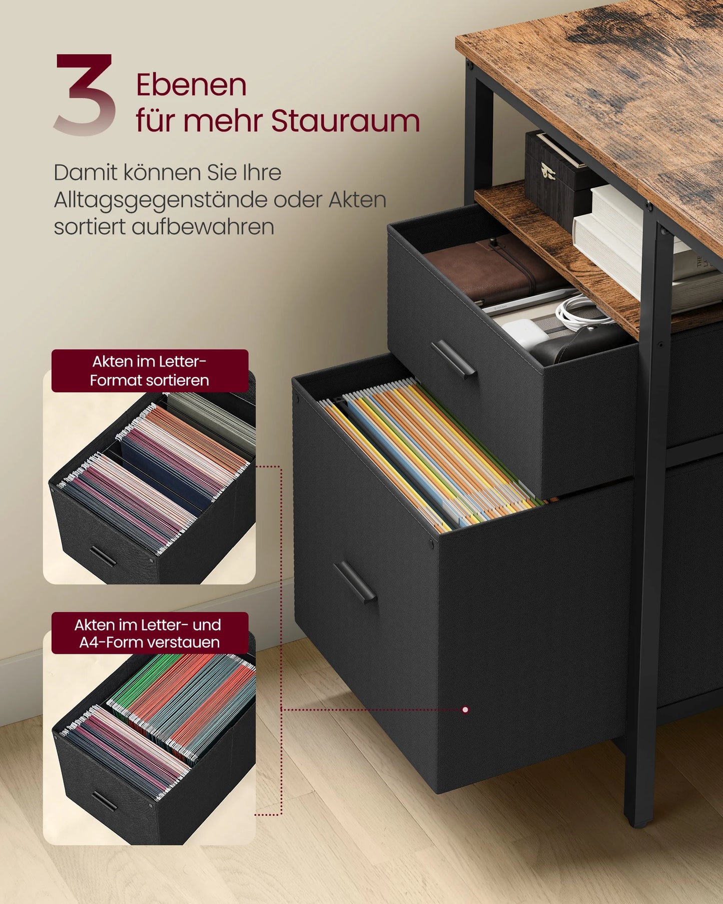 VASAGLE Computertisch, Bürotisch, Schreibtisch, mit 3 Ablagen, 2 Schubladen, 60 x 140 x 76 cm, fürs Büro, Wohnzimmer