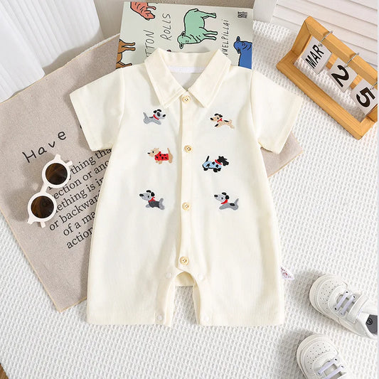 Baby Sommer Kleidung 0-2T Cartoon Hunde Stickerei Kurzarm Romper Infant Jungen Revers Shorts Ein Stück Kleinkind outfit
