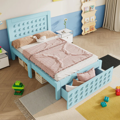 Jugendbett mit kreativem Blockdesign, Gestell aus Massivholz mit Gitterrost, mit Stauraum unter dem Bett, ohne Matratze