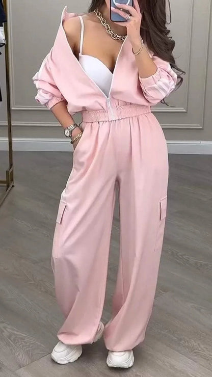 Sports Trousers Loose White Casual Women's Set Fashion Zipper High-waisted Hoodie + Wide-leg Overalls 2-piece Sweatshirt Suit