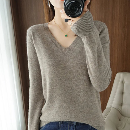 Neue Kaschmir frauen V-ausschnitt Pullover Spitze Neck Aushöhlen Design Beiläufige Gestrickte Lange Hülse frauen Pullover Herbst Und winter