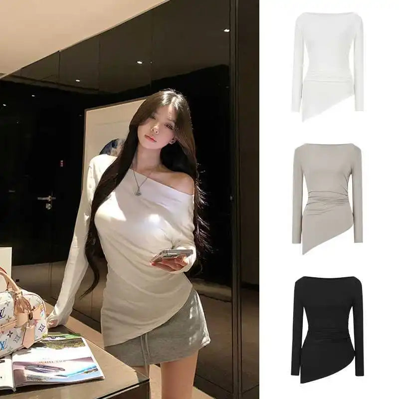 Sexy Long Sleeve T-Shirt Shoulder Bared Waist Cinched Slim Fit Knitted Cotton Solid Color Casual Urban Style for Early Autumn.