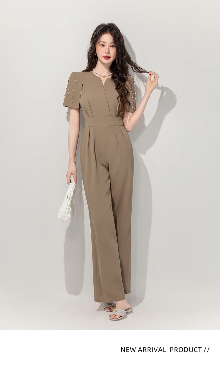 Women's Luxury Diamond-Studded Jumpsuit – Slim Fit Wide Leg Palazzo Pants, Autumn Short Sleeve Romper with High Waist.
