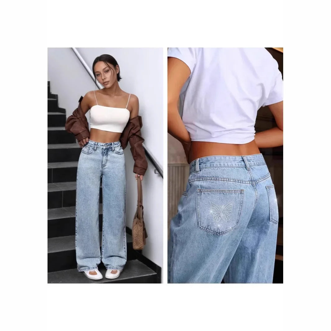 High Waist Straight Leg Women's Jeans Rhinestone Washed INS Style Imported New Model Blue Denim Trousers Female Fashion.