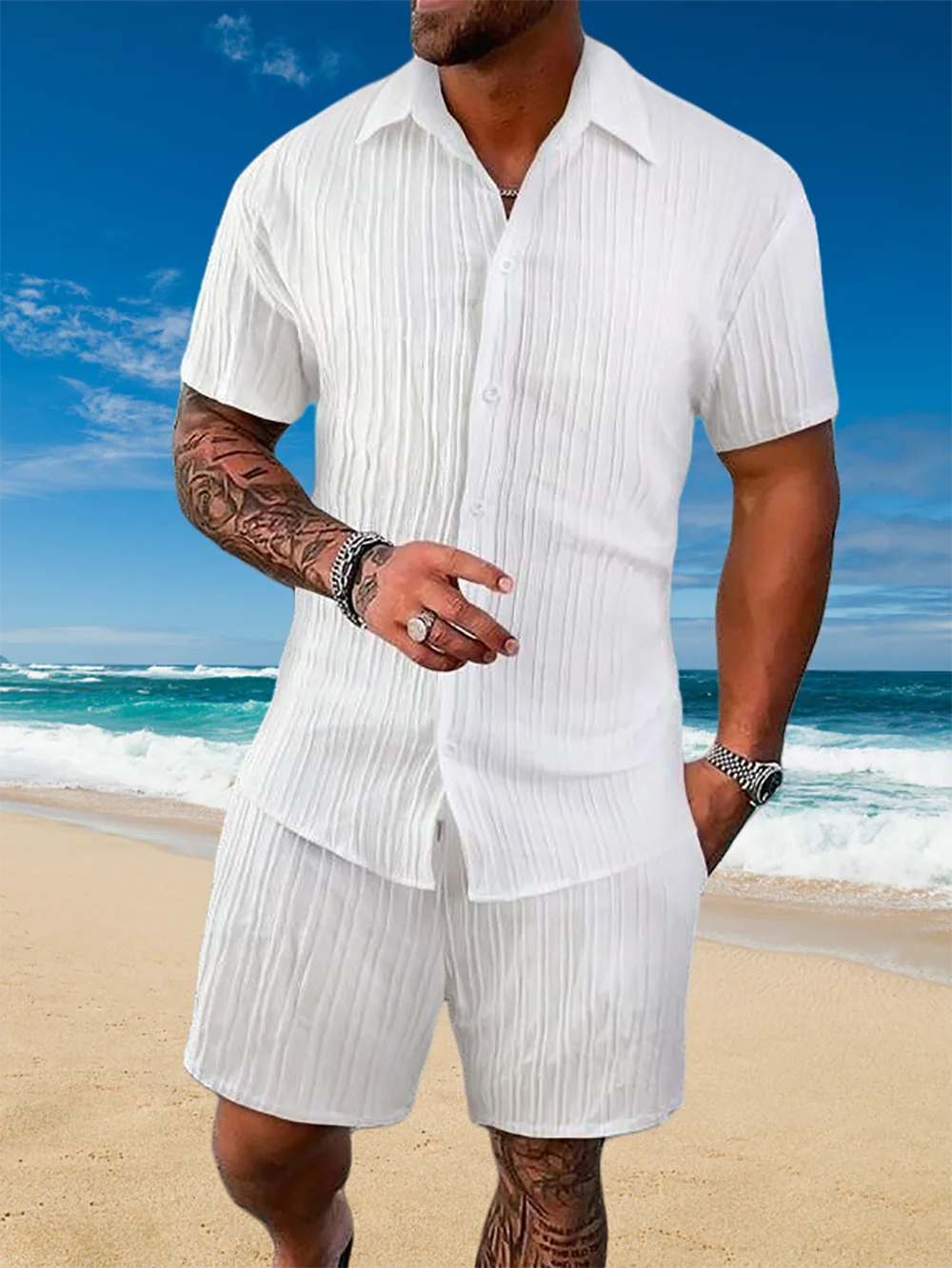 Ice Silk Cool Summer Men's Solid Color Polo Casual Loose Short Sleeve Shorts Sport Set Beach Surfing Ultra-thin Ultra Light.