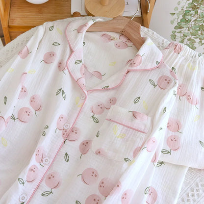 2025 Damen-Pyjama-Set für Frühling/Sommer, bedruckt, 100 % reine Baumwolle, dünn, langärmelig, zweiteiliges Set, frische und süße Strickjacke, Home Fury.