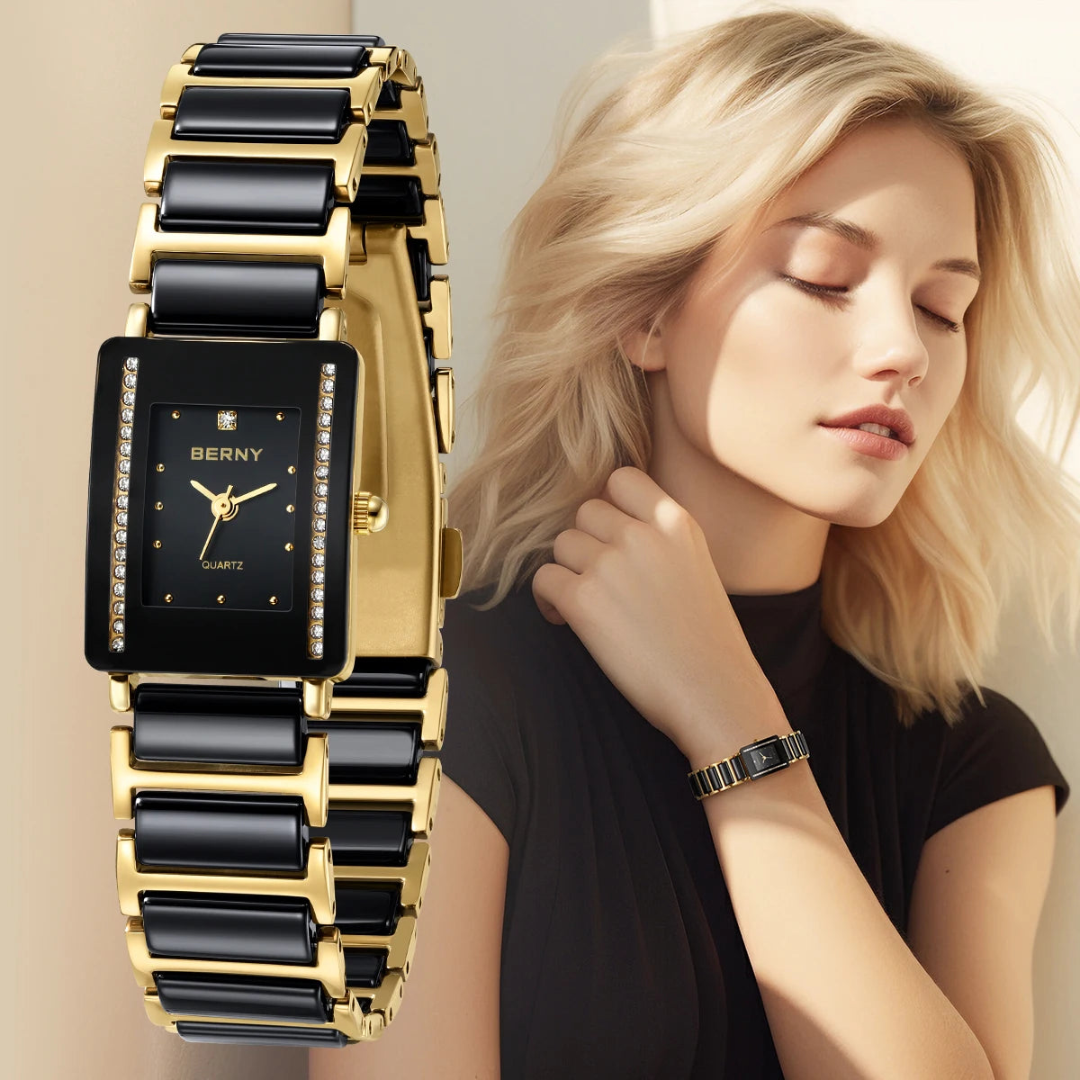 BERNY Ceramics Quartz Women Watch Fashion Rectangle Men/Women Wristwatch Bracelet Luxury Diamon Gold Couple Watches Gift Watches.