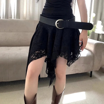 Asymmetrical Lace Skirt Pants Women High Waist Layered Skirt Y2k Japanese Vintage Jacquard Short Skirt 2025 Spring Clothing