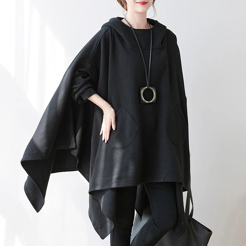 #3342 Black Cape Hoodie Woman Batwing Sleeve Loose Asymmetrical Hoodies Sweatshirts Pockets Thick Long Hooded Sweatshirt Femme.
