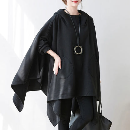 #3342 Black Cape Hoodie Woman Batwing Sleeve Loose Asymmetrical Hoodies Sweatshirts Pockets Thick Long Hooded Sweatshirt Femme.