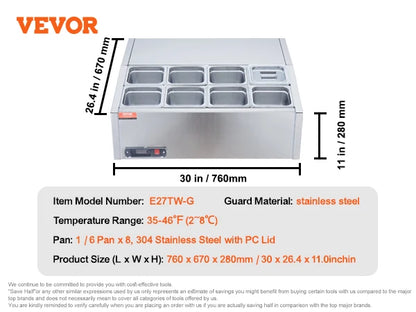 SucceBuy Refrigerated Condiment Prep Station 304 Stainless Body and PC Lid, Sandwich Prep Table with Stainless Guard.