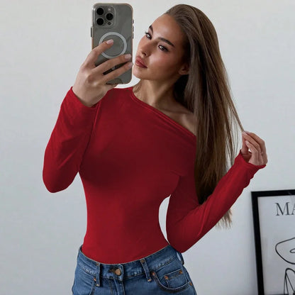 Blifanbo Oblique Shoulder Long Sleeve Tops For Women Metal Buckle Slim Fit Sexy Solid Color Bodycon Fashion BasicTop Streetwear