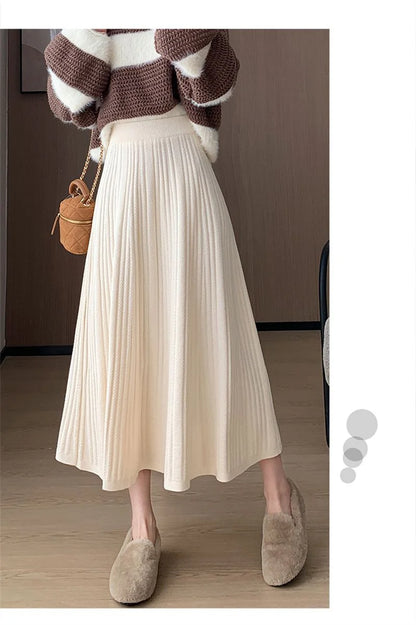 Sweet Vintage Knitted Long Skirts Women Preppy Style High Waist Loose A Line Skirts Fall Winter Retro Simple Elegant Long Skirts.