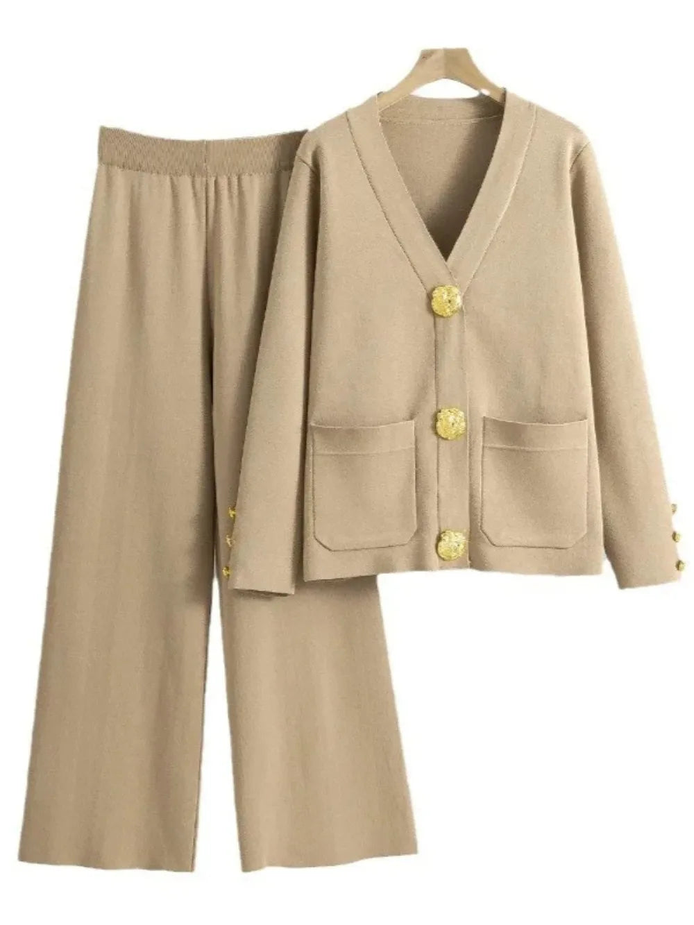 2 Piece Sets Muslim Ensemble Knitting Outfits Women Cardigan Sweater Buttons Pockets Knit Wide Leg Pants Suit Casual Knitwear