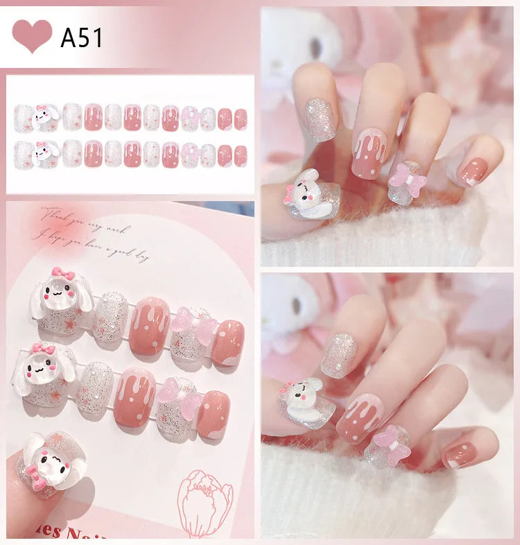 24Pcs Long Square Pink Hello Kitty False Nails French Wearable Full Cover Fake Nails Kitty Cat Bow Heart Design Press On Nails