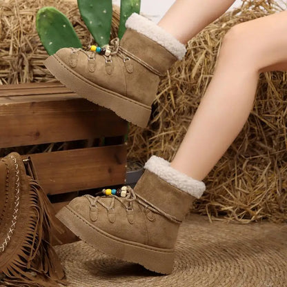 Chunky Platform Non Slip Furry Snow Boots Women 2025 Winter Soft Thick Bottom Warm Plush Ankle Boots Colorful Bead Lace Up Shoes.