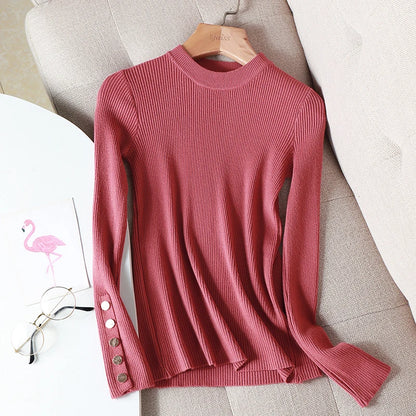 2025 Female Slim Knitted Soft Jumper Tops Autumn Winter Women Casual Sweater Pullovers Button Long Sleeve O-neck Chic Sweater