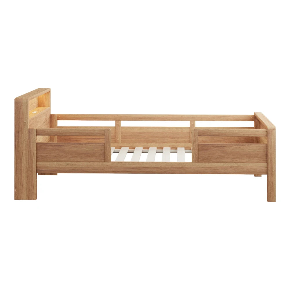 Multifunktions-Holzbett, USB- und Tape-C-Kombinationssteckdose, kleines LED-Licht, Kopfteil mit Einlagerfunktion, Einzelbett