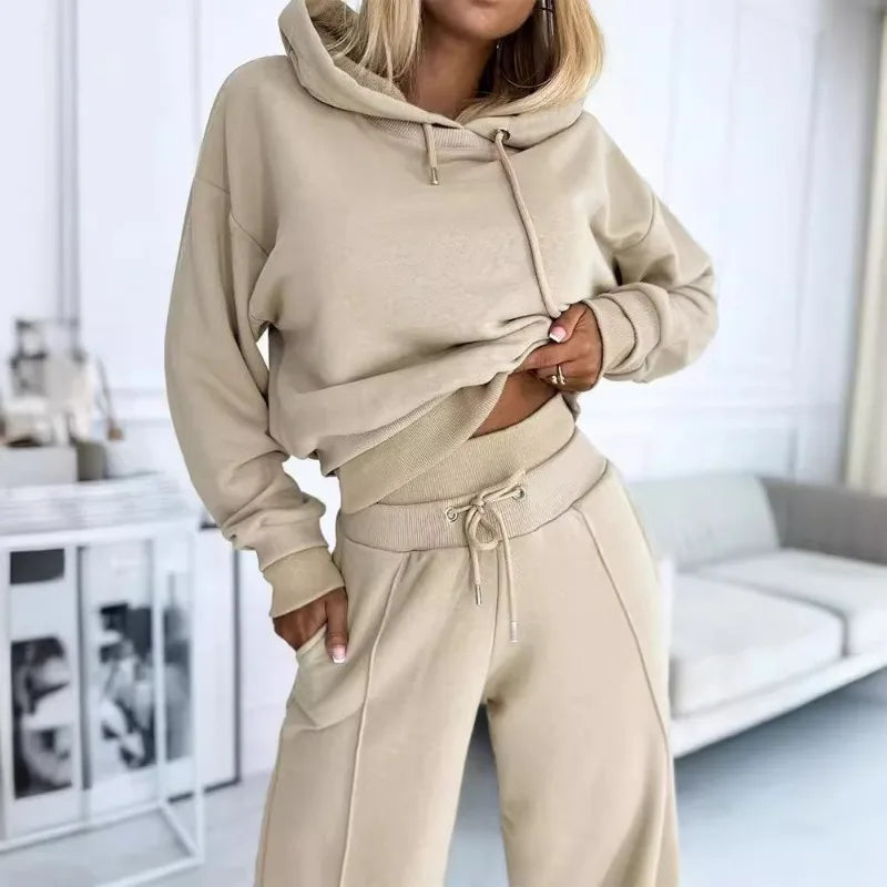2024 Spring Autumn New Loose Sports Suit Women Long Sleeve Hooded Sweatshirt Drawstring High Waist Pocket Wide Leg Pants Suit.