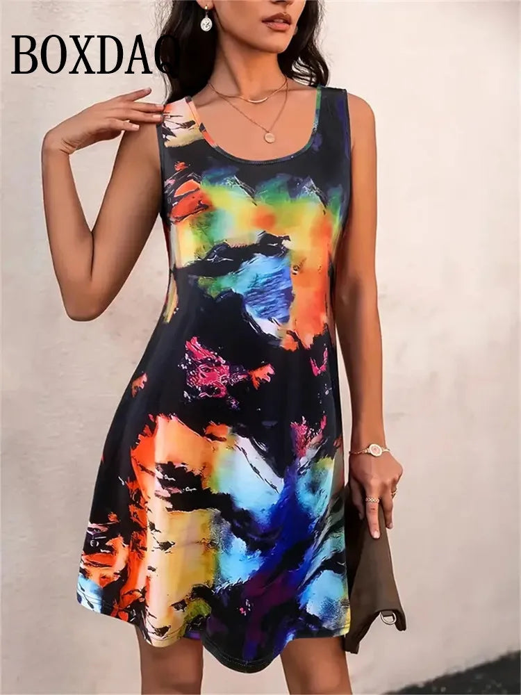 2025, Sommer-bedruckte Kleider für Damen, Boho-Tageskleidung, modisch, ärmellos, Urlaubskleider, lässig, O-Ausschnitt, Partywesten, Kleider in Übergröße.