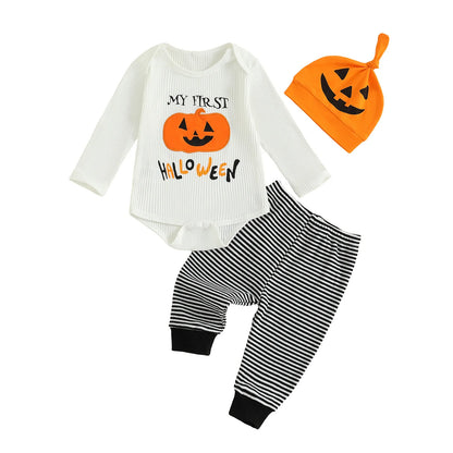 Baby Mädchen Halloween Baumwolle 3-teiliges Set 0-18 Monate Kleinkind Jungen Langarm Kürbis Print Onesie + Gestreifte Hose + Hut Festliches Outfit.