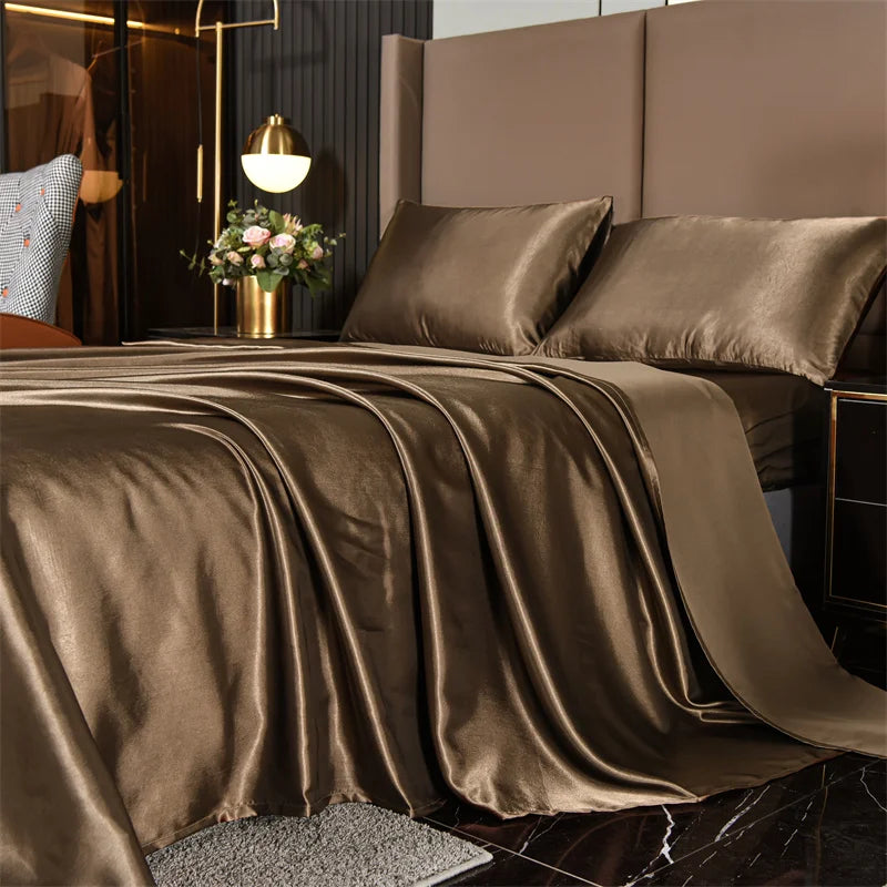 Satin Bed Sheets, Queen Size Sheets Set, 4 Pcs Silky Bedding Set   1 Deep Pocket Fitted Sheet + 1 Flat Sheet + 2 Pillowcases.