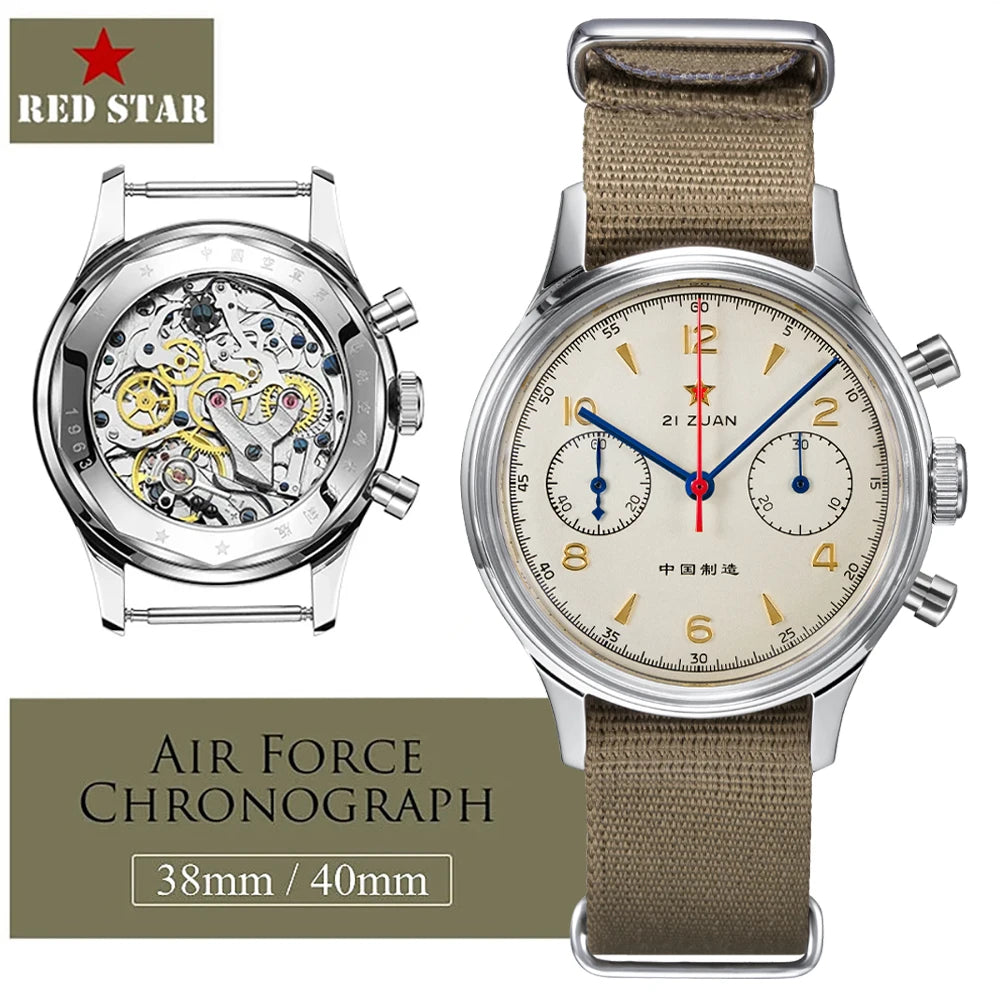 RED STAR 38mm Men's 1963 Chronograph Mechanical Watch Pilot with Seagull Movement ST1901 Air Force Aviation Sapphire Goose 40mm.