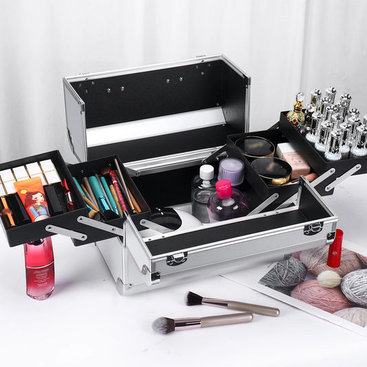 Makeup Train Case Aluminum Alloy Case Pedicure Tool Box with Handle Cosmetic Box Portable Makeup Case Organizer.