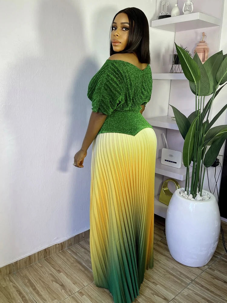 Women Plus Size Gradient Color Long Skirts And Tops Pleated 2 Piece Outfit Luxury Dubai Prom 2025 Casual For Female Fashion Sets.