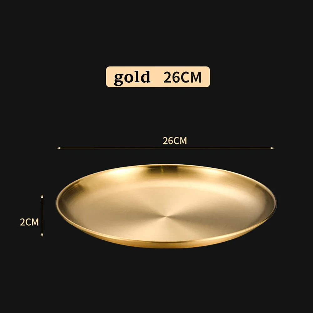 1Pcs Gold Stainless Steels Metal Round Plate Rust-Proof Shallow Tray Plate Camping Plate BBQ Picnic Dishes Cookware Tableware