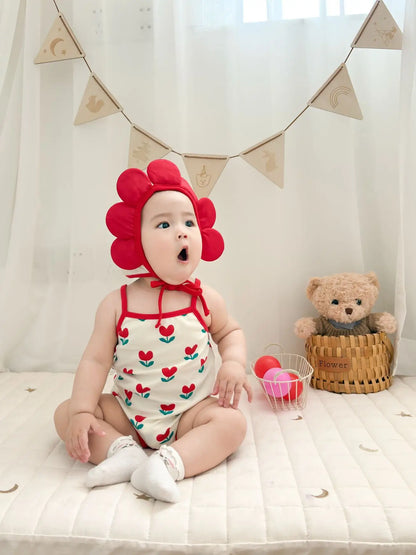 Baby Ein Stück Kleidung 2025, Sommer Koreanische Baby Body Ins Blume Voll Gedruckt Baby Sling Klettern Kleidung Mit Hut