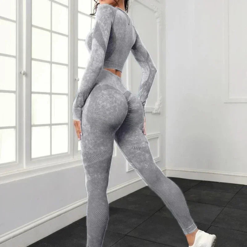 2 Piece Acid Wash Gym Set Women Seamless Long Sleeve Leggings Tracksuit Sports Fitness Suit Scrunch Workout Clothes Yoga Outfits.