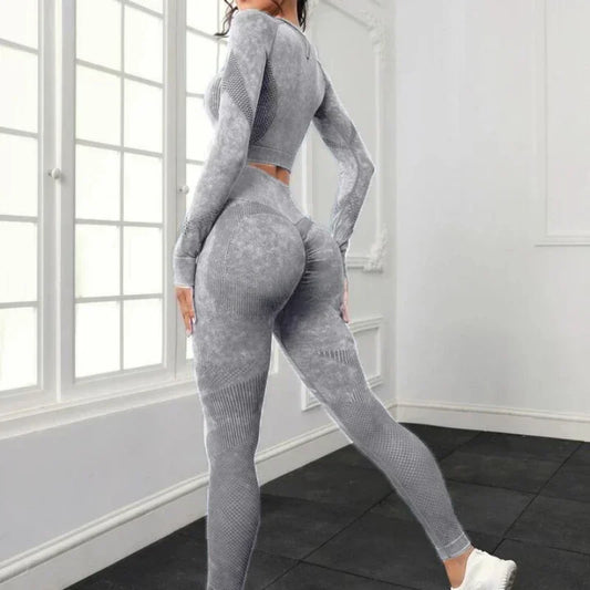 2 Piece Acid Wash Gym Set Women Seamless Long Sleeve Leggings Tracksuit Sports Fitness Suit Scrunch Workout Clothes Yoga Outfits.