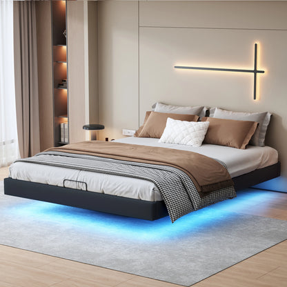 Lazyspace 160 x 200 cm großes Doppelbett mit Stauraum, schwebendes Bett ohne Kopfteil, Unterbett mit LED-Leuchten, schwarzes PU, ohne Matratze
