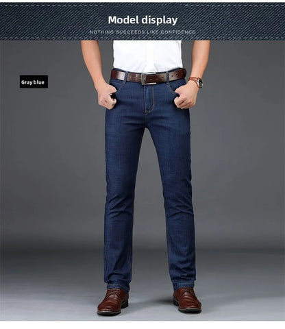 Classic Straight Men's Jeans Fitted Comfortable Elastic Business Casual Denim Pants Korean Fashion  Autumn Casual Trousers.