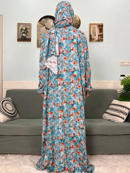 Muslim Cotton Abayas For Women Traditional Floral Ramadan Prayer Garment African Caftan Marocain Femme Robe Connected Headscarf.