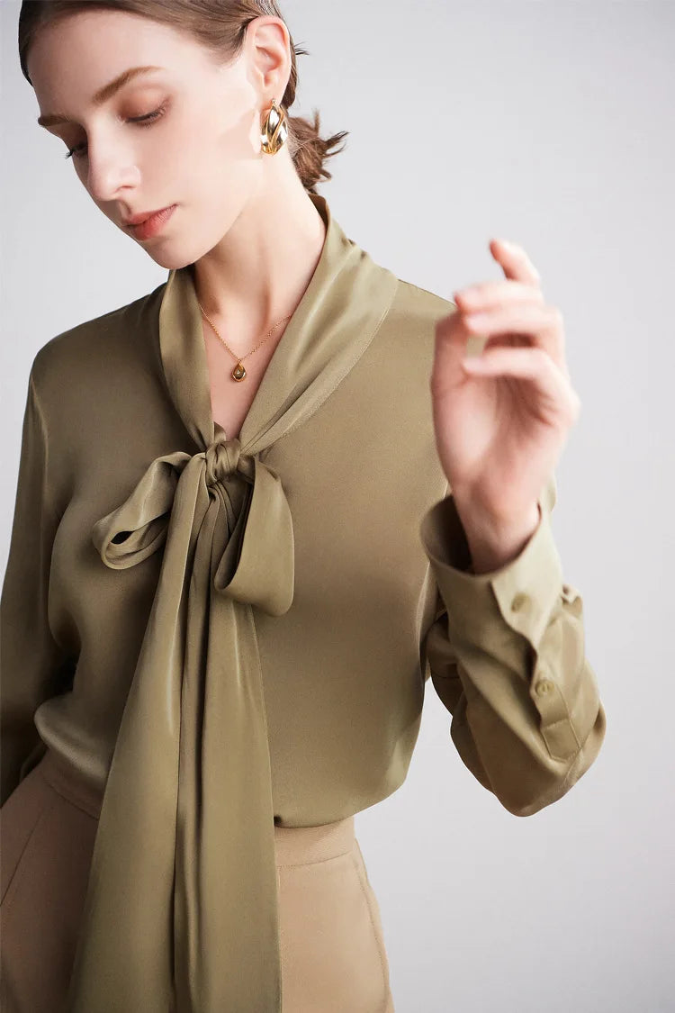 Silk Shirt Women's Thick Temperament Streamer 2025 Spring and Summer New Mulberry Silk Lace-up Design Shirt Long-sleeved Top