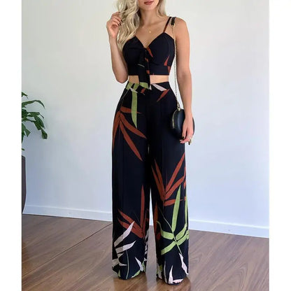 Elegant Two Piece Outfits For Women 2025 Sexy V-Neck Strap Backless Lace-up Slim Crop Top & Wide Leg Pants Sets Summer Lady Suit
