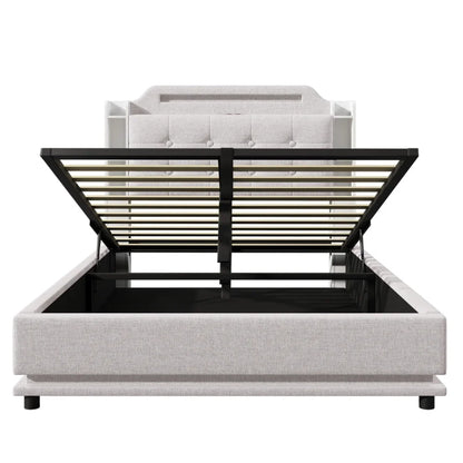 140*200cm Polsterbett mit LED-Lichtleiste und mehreren Ablagefächern, für Schlafzimmerwäsche, Beige (ohne Matratze)