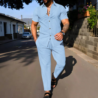 A fashionable and trendy two-piece short-sleeved shirtwithlong pants is perfect for men's daily casual wear in spring and autumn.
