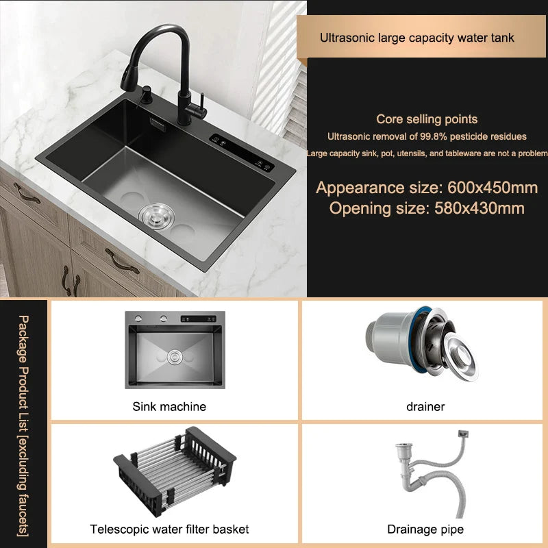 Kitchen Sink Stainless Steel Dishwashing Sink Ultrasonic Sink Dishwasher Multifunctional Intelligent Net Washer For Kitchen