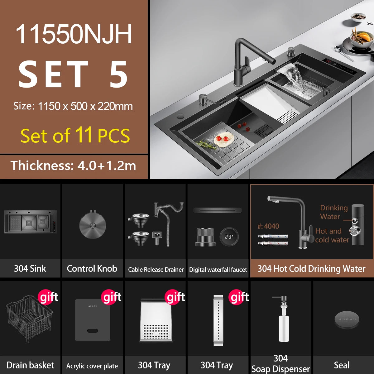 ASRAS high-quality 304 stainless steel multifunctional kitchen sink intelligent food purification large-sized sink nano gray