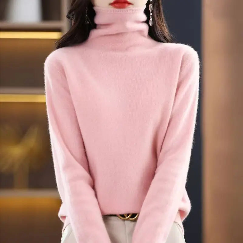 2025 100% Merino Wool Sweater Elegant Cashmere Pullover Women Pile Collar Long Sleeve Knitwear Basic Clothing  Jumper Tops.